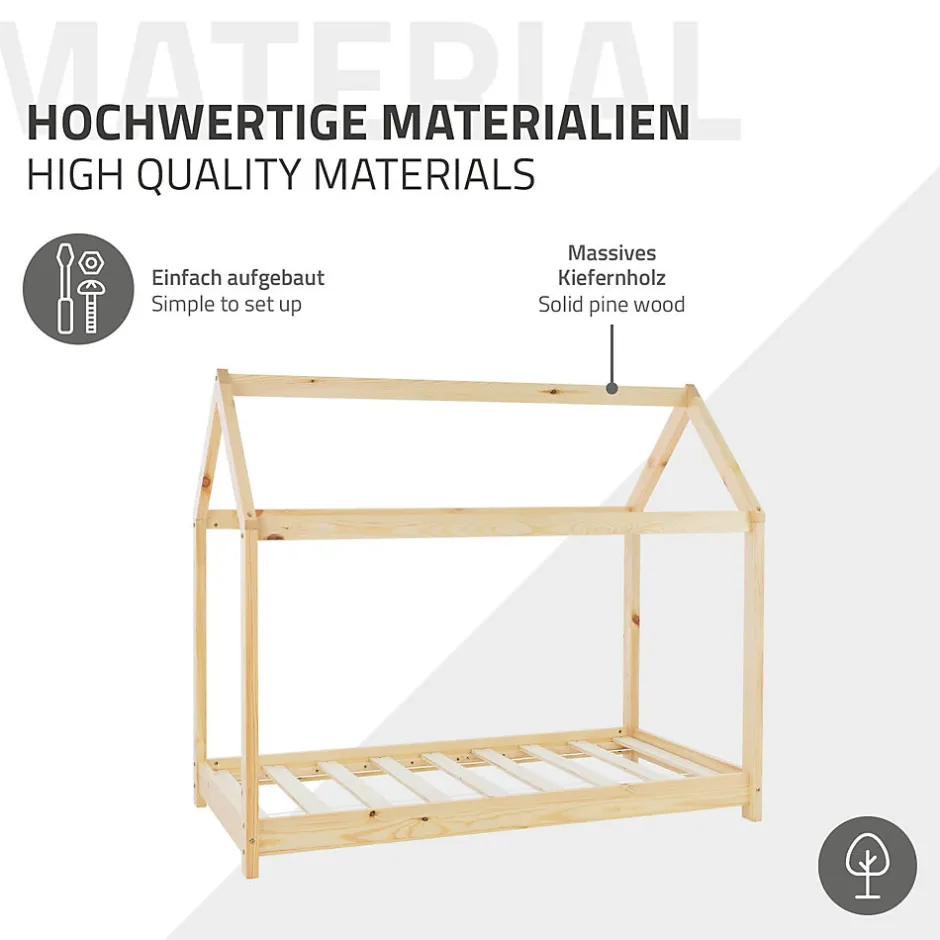 Enfant Ml-Design Lit d'enfant 70x140 cm naturel en bois de pin massif structure maison avec toit et sommier