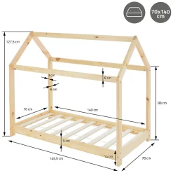 Enfant Ml-Design Lit d'enfant 70x140 cm naturel en bois de pin massif structure maison avec toit et sommier