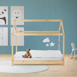Enfant Ml-Design Lit d'enfant 70x140 cm naturel en bois de pin massif structure maison avec toit et sommier