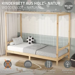 Ml-Design Lit d'enfant 90x200 cm naturel beige bois de pin avec but de football et sommier à lattes Discount