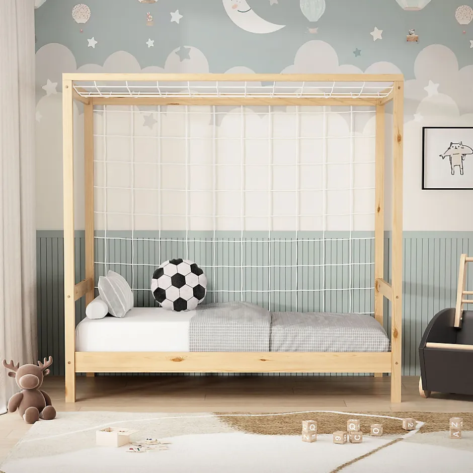 Ml-Design Lit d'enfant 70x140 cm naturel beige bois de pin avec but de football et sommier à lattes