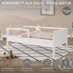 Ml-Design Lit d'enfant 70x140 cm blanc-naturel en bois de pin avec sommier à lattes sans matelas