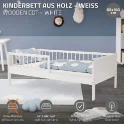 Ml-Design Lit d'enfant 80x160 cm simple blanc en bois de pin avec sommier à lattes sans matelas