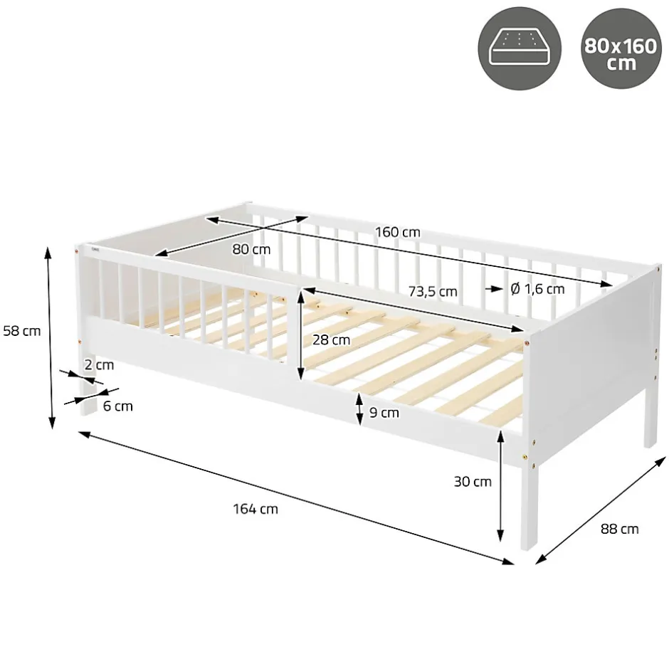 Ml-Design Lit d'enfant 80x160 cm simple blanc en bois de pin avec sommier à lattes sans matelas
