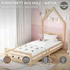 Enfant Ml-Design Lit d'enfant 90x200 cm naturel forme maison bois de pin avec sommier à lattes sans matelas