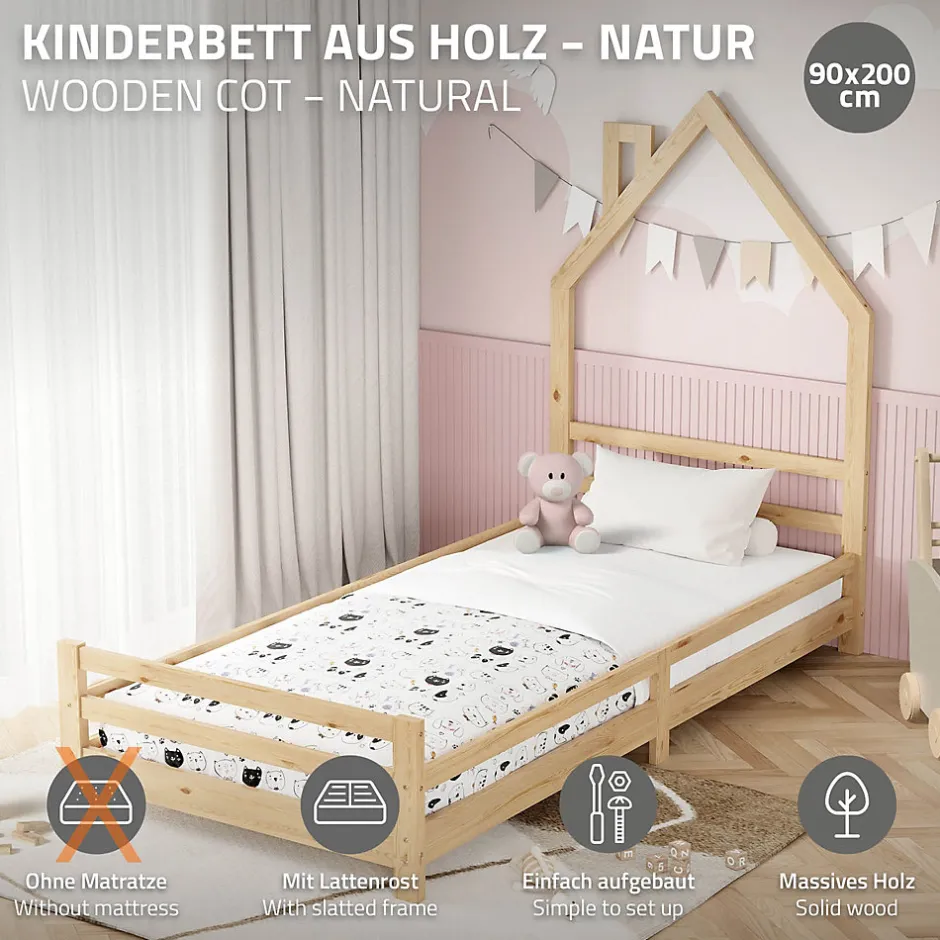 Enfant Ml-Design Lit d'enfant 90x200 cm naturel forme maison bois de pin avec sommier à lattes sans matelas
