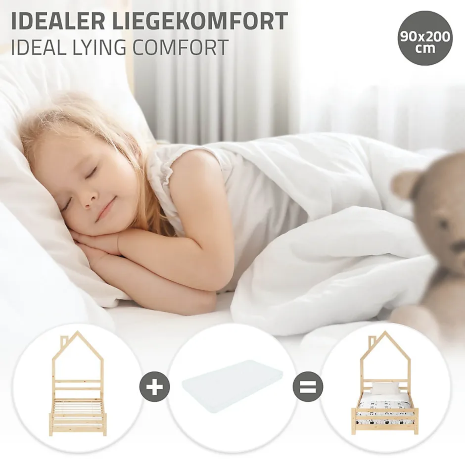 Enfant Ml-Design Lit d'enfant 90x200 cm naturel forme maison bois de pin avec sommier à lattes sans matelas