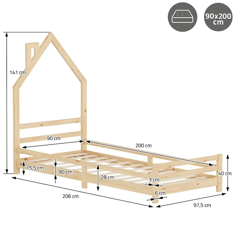 Enfant Ml-Design Lit d'enfant 90x200 cm naturel forme maison bois de pin avec sommier à lattes sans matelas