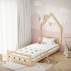 Enfant Ml-Design Lit d'enfant 90x200 cm naturel forme maison bois de pin avec sommier à lattes sans matelas