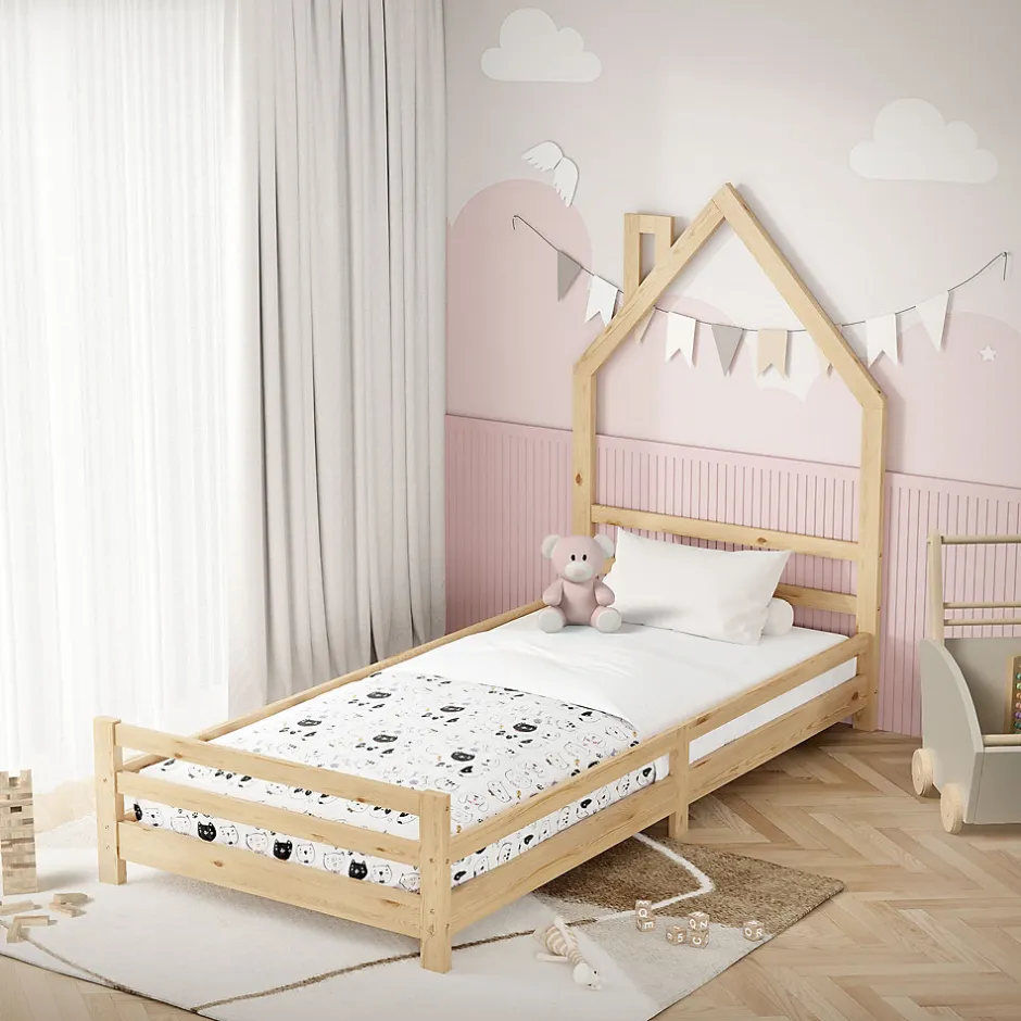 Enfant Ml-Design Lit d'enfant 90x200 cm naturel forme maison bois de pin avec sommier à lattes sans matelas