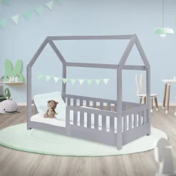 Ml-Design Lit d'enfant 140x70cm gris clair bois de pin avec toit et sommier protection contre chutes Online