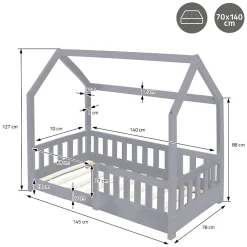 Ml-Design Lit d'enfant 140x70cm gris clair bois de pin avec toit et sommier protection contre chutes Online