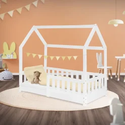 Ml-Design Lit d'enfant 140x70cm blanc en bois de pin avec toit et sommier protection contre chutes Clearance