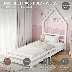 Ml-Design Lit d'enfant 90x200cm blanc forme maison en bois de pin avec sommier à lattes sans matelas Hot