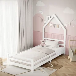 Ml-Design Lit d'enfant 90x200cm blanc forme maison en bois de pin avec sommier à lattes sans matelas Hot
