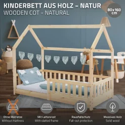 Ml-Design Lit d'enfant 160x80cm naturel en bois de pin avec toit et sommier protection contre chutes Discount
