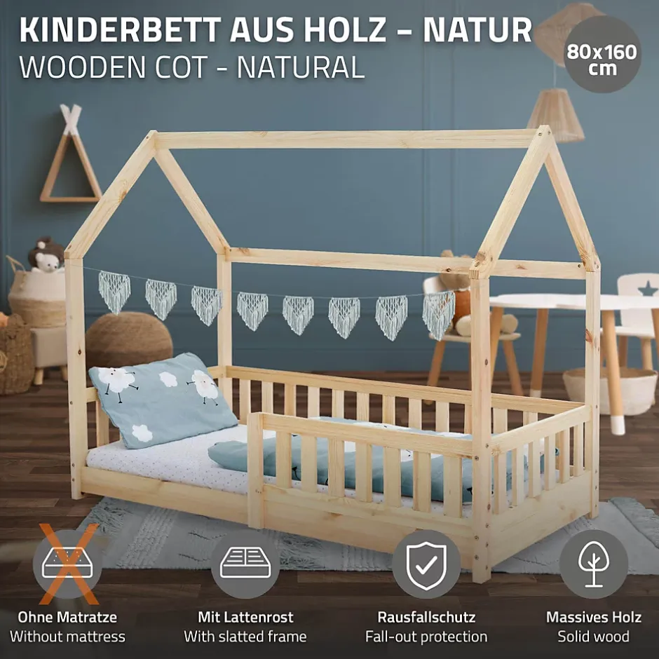 Ml-Design Lit d'enfant 160x80cm naturel en bois de pin avec toit et sommier protection contre chutes Discount