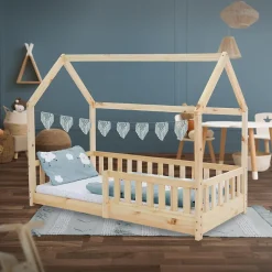 Ml-Design Lit d'enfant 160x80cm naturel en bois de pin avec toit et sommier protection contre chutes Discount