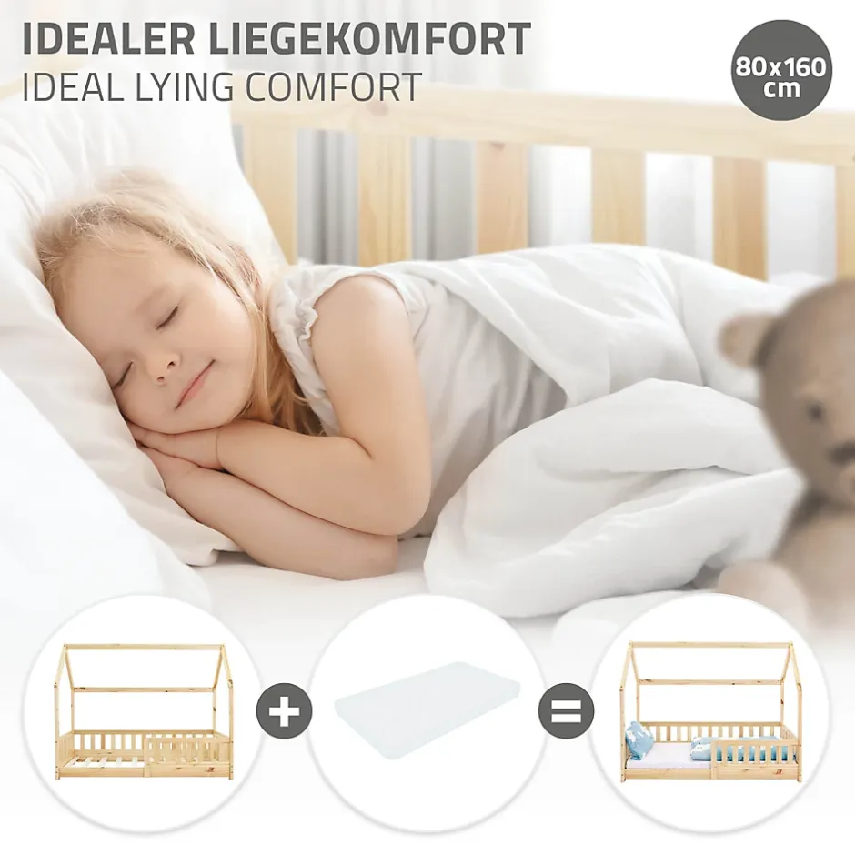 Ml-Design Lit d'enfant 160x80cm naturel en bois de pin avec toit et sommier protection contre chutes Discount