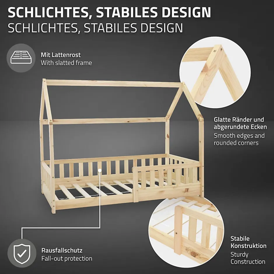 Ml-Design Lit d'enfant 160x80cm naturel en bois de pin avec toit et sommier protection contre chutes Discount