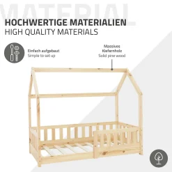 Ml-Design Lit d'enfant 140x70cm naturel en bois de pin avec toit et sommier protection contre chutes Clearance