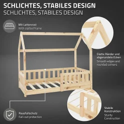 Ml-Design Lit d'enfant 140x70cm naturel en bois de pin avec toit et sommier protection contre chutes Clearance