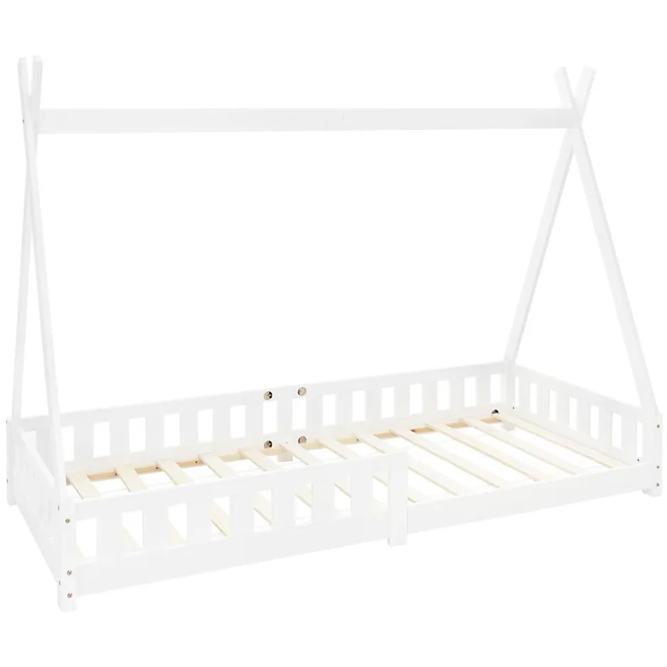 Enfant Ml-Design Lit d'enfants Tipi 90x200 cm blanc indien en bois de pin avec sommier et clôture de jeu