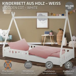 Enfant Ml-Design Lit d'enfants Tipi 90x200 cm blanc indien en bois de pin avec sommier et clôture de jeu