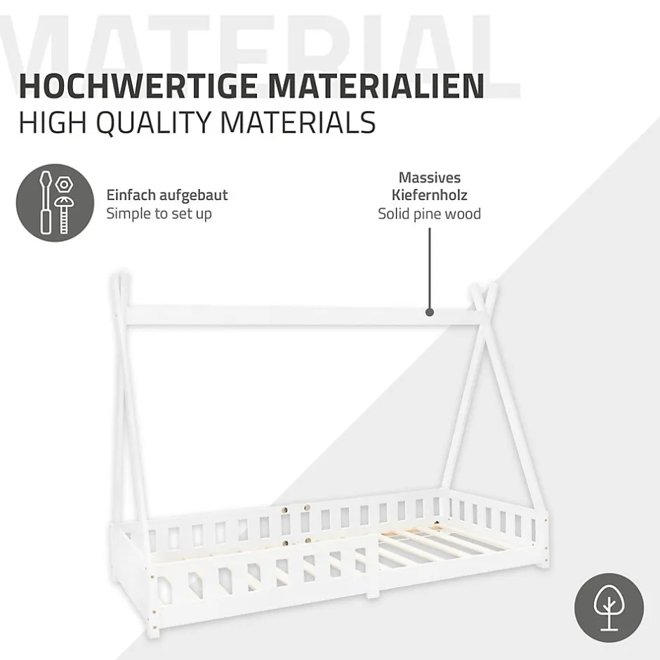 Enfant Ml-Design Lit d'enfants Tipi 90x200 cm blanc indien en bois de pin avec sommier et clôture de jeu