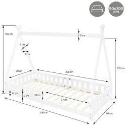 Enfant Ml-Design Lit d'enfants Tipi 90x200 cm blanc indien en bois de pin avec sommier et clôture de jeu