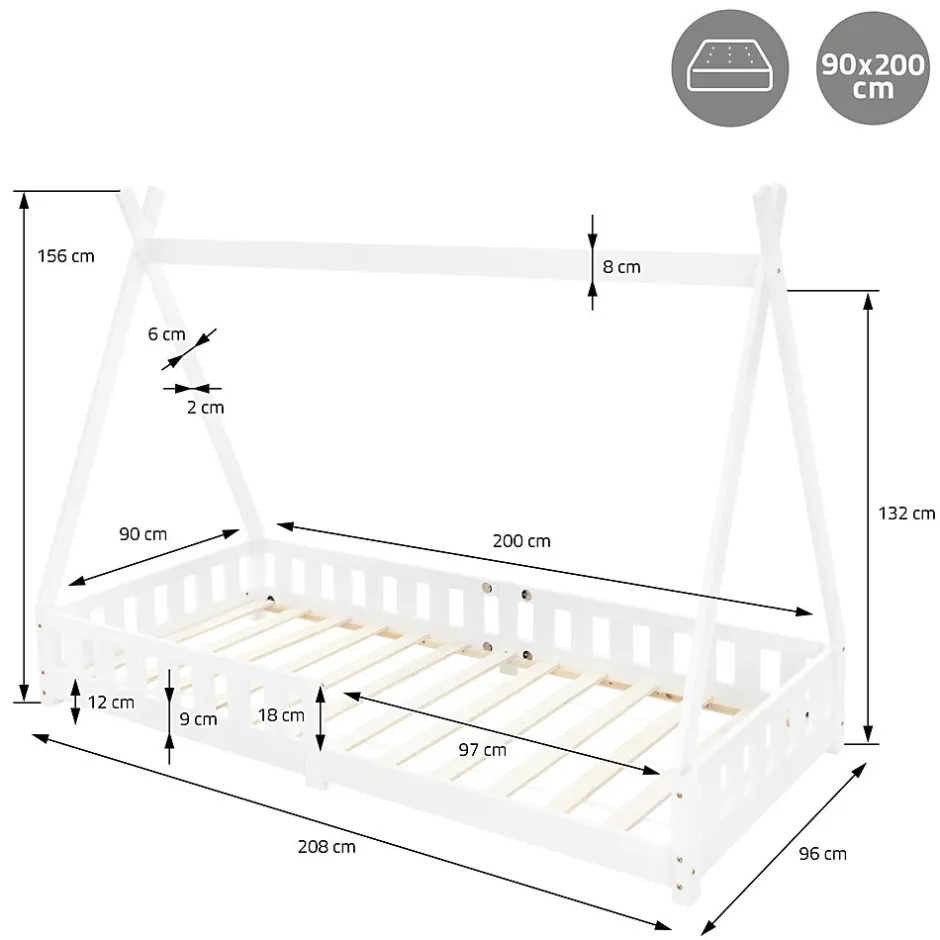 Enfant Ml-Design Lit d'enfants Tipi 90x200 cm blanc indien en bois de pin avec sommier et clôture de jeu