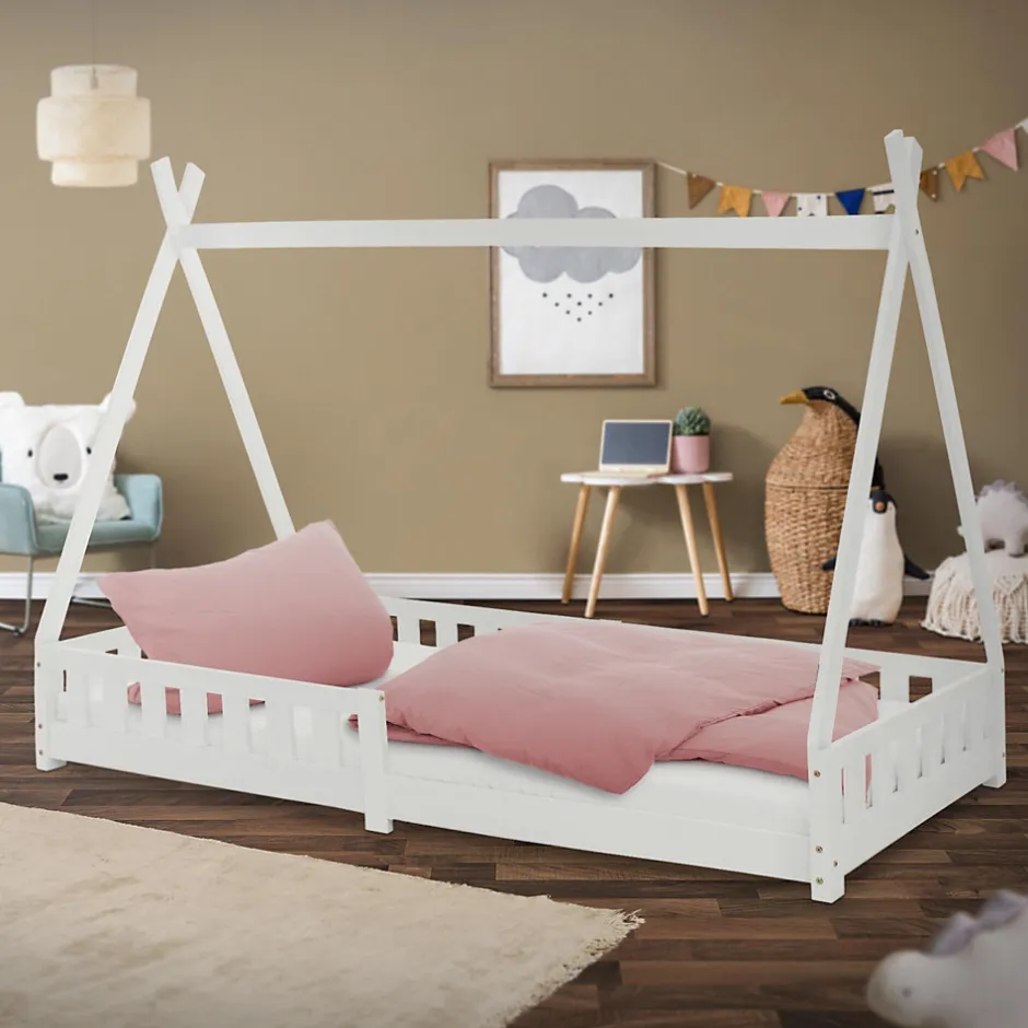 Enfant Ml-Design Lit d'enfants Tipi 90x200 cm blanc indien en bois de pin avec sommier et clôture de jeu