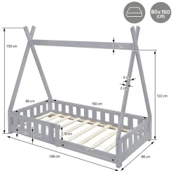 Enfant Ml-Design Lit d'enfants Tipi 80x160 cm gris clair maison en bois de pin avec sommier clôture de jeu