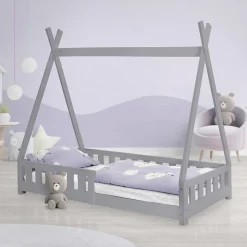 Enfant Ml-Design Lit d'enfants Tipi 80x160 cm gris clair maison en bois de pin avec sommier clôture de jeu