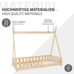 Ml-Design Lit d'enfants Tipi 80x160 cm naturel maison en bois de pin avec sommier clôture de jeu
