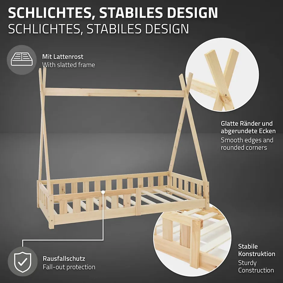 Ml-Design Lit d'enfants Tipi 80x160 cm naturel maison en bois de pin avec sommier clôture de jeu