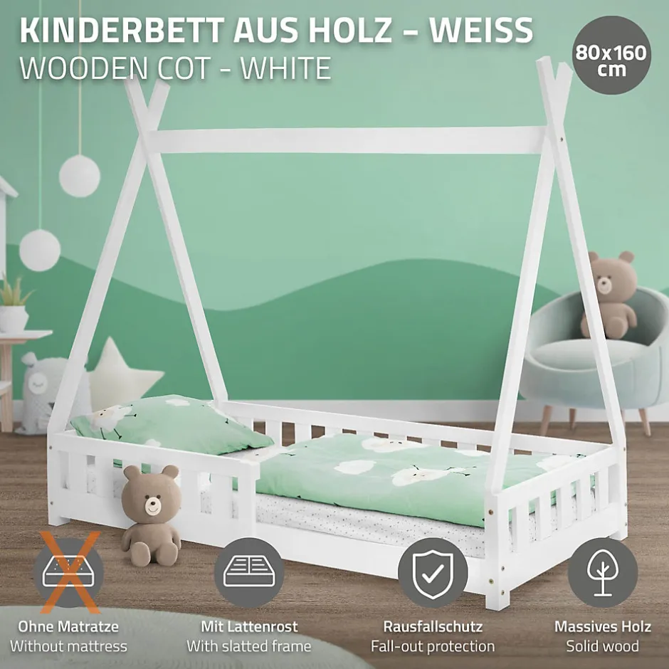 Enfant Ml-Design Lit d'enfants Tipi 80x160 cm blanc maison en bois de pin avec sommier clôture de jeu