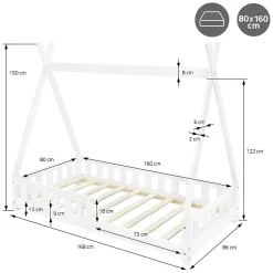 Enfant Ml-Design Lit d'enfants Tipi 80x160 cm blanc maison en bois de pin avec sommier clôture de jeu
