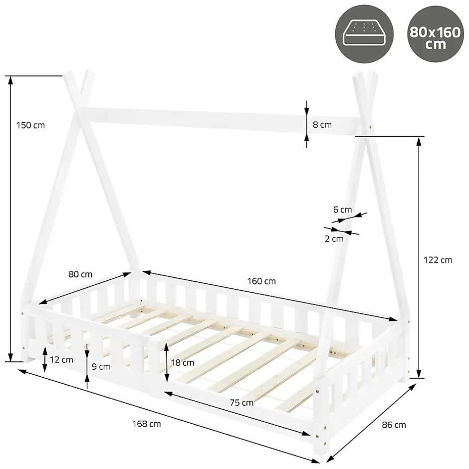 Enfant Ml-Design Lit d'enfants Tipi 80x160 cm blanc maison en bois de pin avec sommier clôture de jeu
