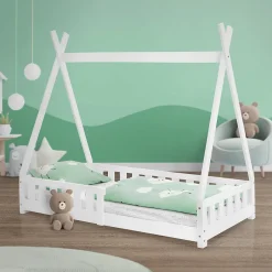 Enfant Ml-Design Lit d'enfants Tipi 80x160 cm blanc maison en bois de pin avec sommier clôture de jeu