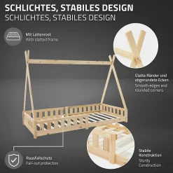 Enfant Ml-Design Lit d'enfants Tipi 90x200 cm naturel indien en bois de pin avec sommier et clôture de jeu