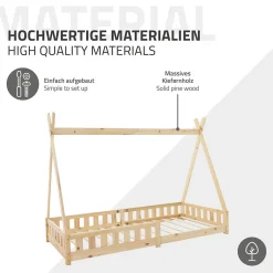 Enfant Ml-Design Lit d'enfants Tipi 90x200 cm naturel indien en bois de pin avec sommier et clôture de jeu