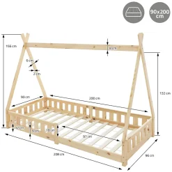 Enfant Ml-Design Lit d'enfants Tipi 90x200 cm naturel indien en bois de pin avec sommier et clôture de jeu