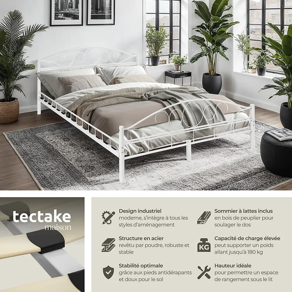 Tectake Lit design moderne avec sommier de Style romantique 140 x 200 cm blanc