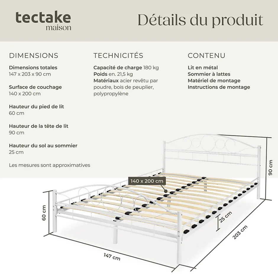 Tectake Lit design moderne avec sommier de Style romantique 140 x 200 cm blanc