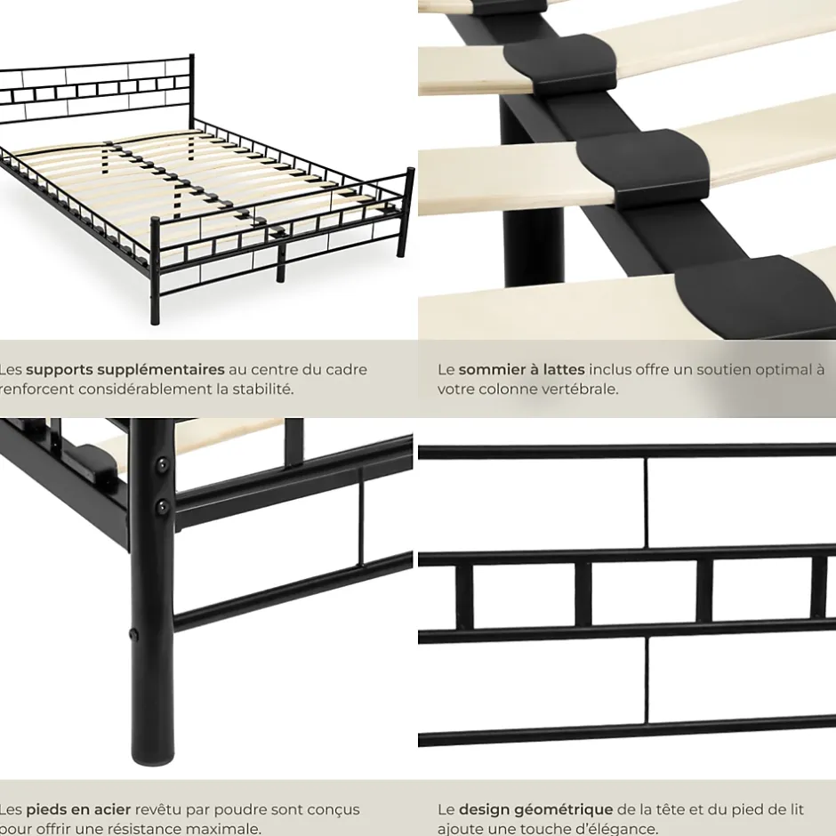 Tectake Lit design moderne en acier avec sommier 140 x 200 cm noir Best