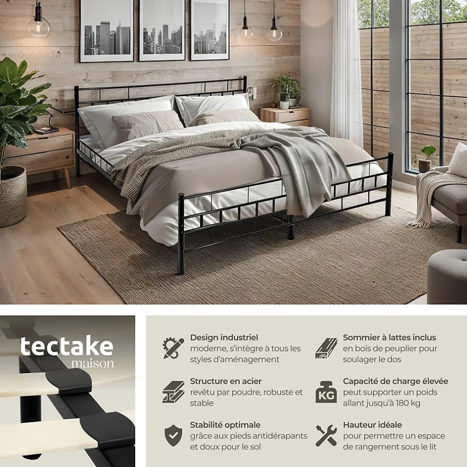 Tectake Lit design moderne en acier avec sommier 140 x 200 cm noir Best