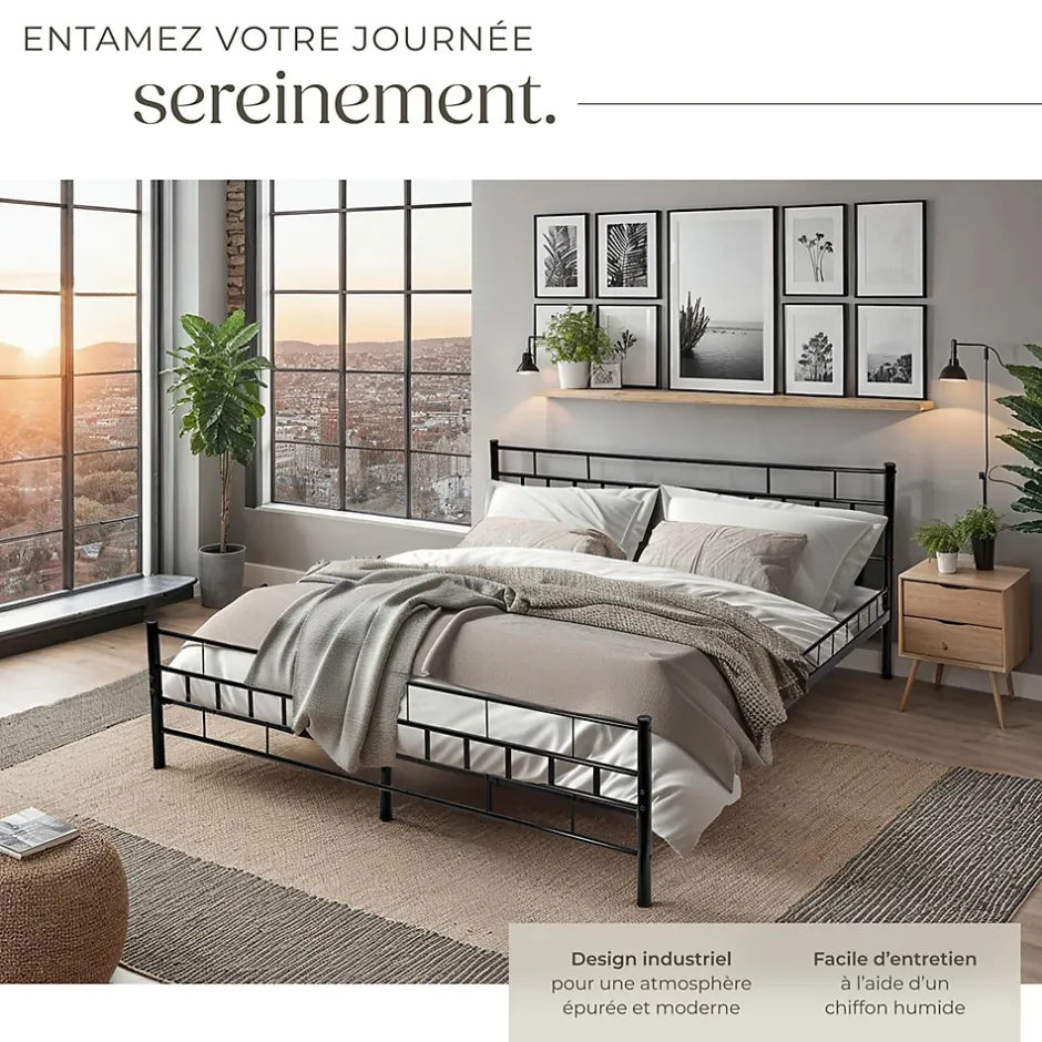 Tectake Lit design moderne en acier avec sommier 140 x 200 cm noir Best