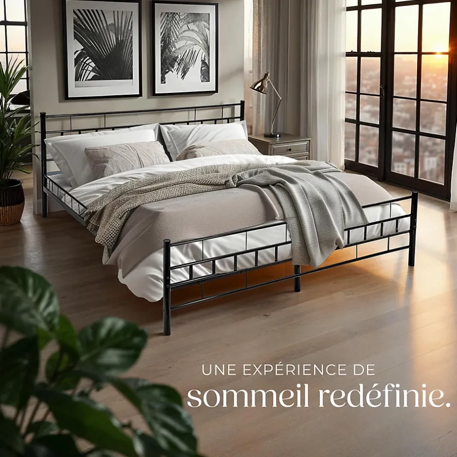 Tectake Lit design moderne en acier avec sommier 140 x 200 cm noir Best