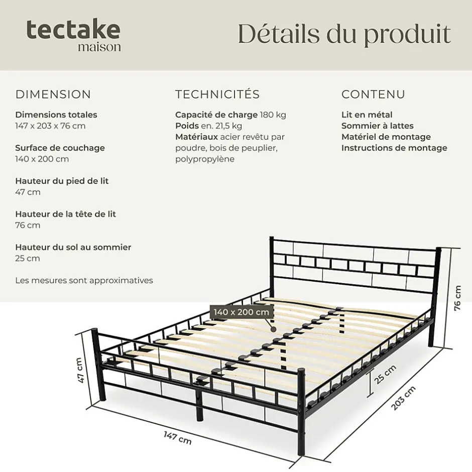 Tectake Lit design moderne en acier avec sommier 140 x 200 cm noir Best